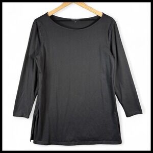 Eileen Fisher Womens Black Long Sleeve Tunic Top‎ Side Slit Round Neck Size L